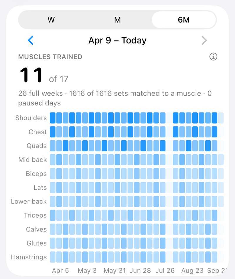 Charts, Sets by muscle over 6 months: 11 of 17 muscles trained, a row per muscle shaded by weekly sets, and one week off drawn faint