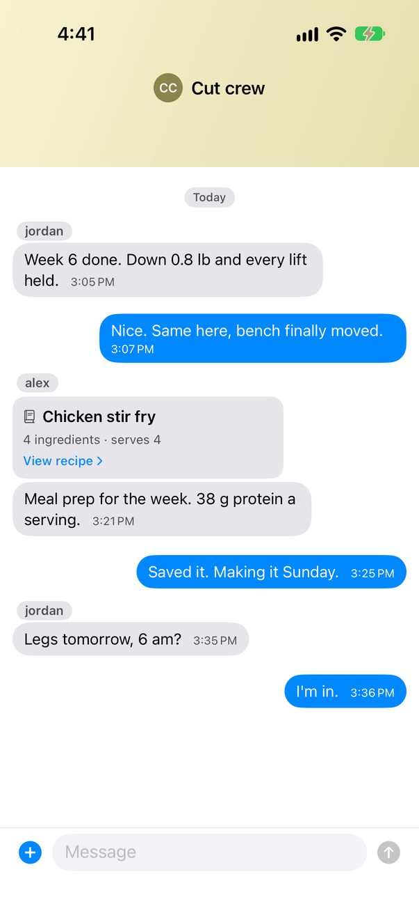 A chat room called Cut crew: training messages, and a shared Chicken stir fry recipe card with View recipe