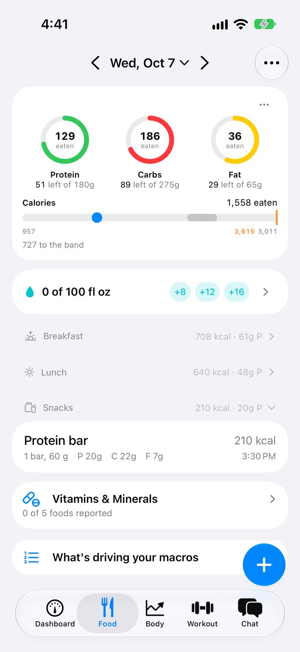 The Food tab: protein, carbs and fat against today's targets, the calorie band, 64 of 100 fl oz of water, and the day's meals